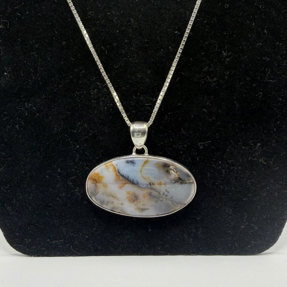 925 Sterling Dendritic Agate Oval Gemstone Pendant Necklace 25” Silver Chain